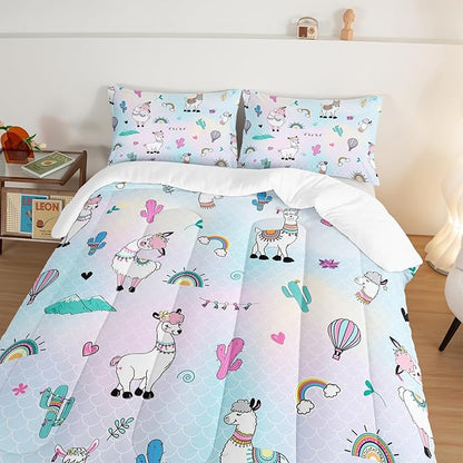 HOSIMA 3 Piece Cartoon Animal Llama Comforter,Cute Alpaca Toddler Comforter,Desert Cactus Plant Queen Comforter Set Set for Adults Kids,Fish Scales Comforter Rainbow Bedding Sets for Girls Boys.