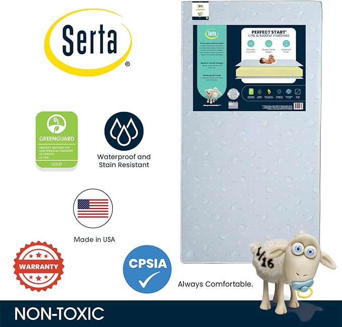 Delta Children Heartland 4-in-1 Convertible Crib Infant Changing Table with Pad + Serta Perfect Start Crib Mattress, Grey