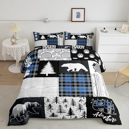 Bear Paws Comforter Set Full Size,Pine Trees Geometric Plaids Patchwork Bedding Set for Kids Boys Girls Adults Room Decor,Hunting Adventure Down Comforter,Blue Rustic Duvet Insert,2 Pillowcases