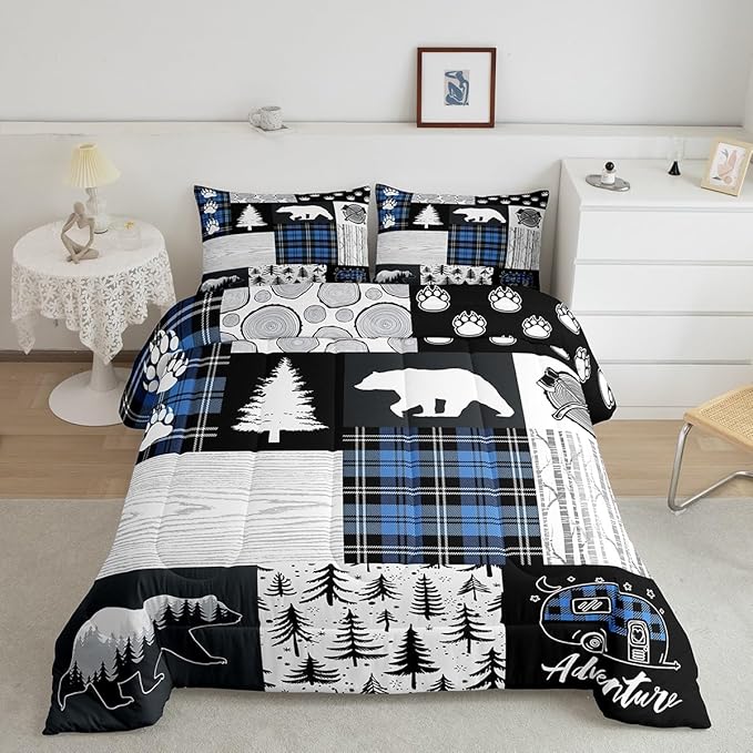 Bear Paws Comforter Set King Size,Pine Trees Geometric Plaids Patchwork Bedding Set for Kids Boys Girls Adults Room Decor,Hunting Adventure Down Comforter,Blue Rustic Duvet Insert,2 Pillowcases
