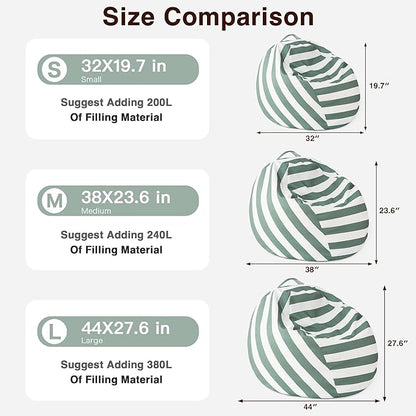EXQ Home Kids Bean Bag Chairs Cover -Stuffed Animal Bean Bag Storage Green and White Stripes-Zipper Bean Bag for Organizing Children Plush Toys Holiday Gift for Girl,Boys