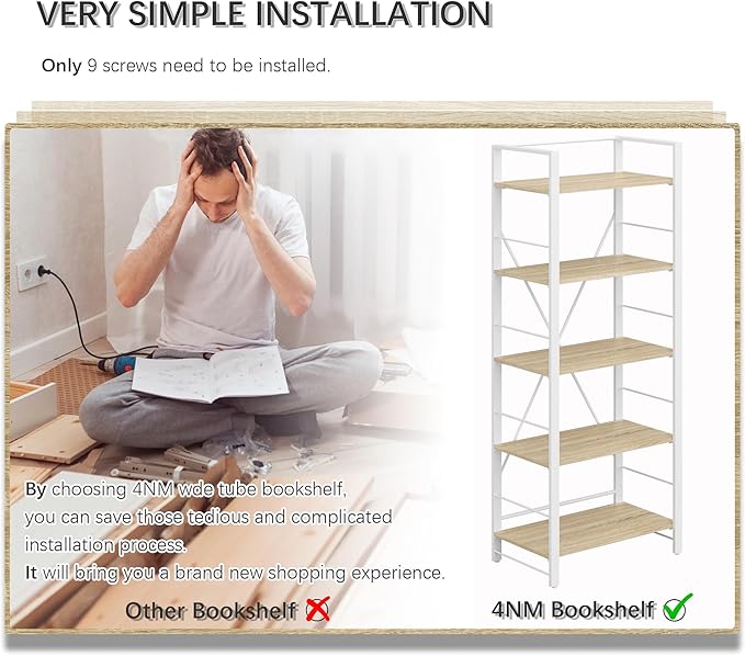 4NM Bookshelf Industrial Bookcase 5 Tier Home Office Adjustable Bookshelves Storage Shelves Organizer Vintage Book shelf Display Rack for Living Room, Bedroom,Home - Natural