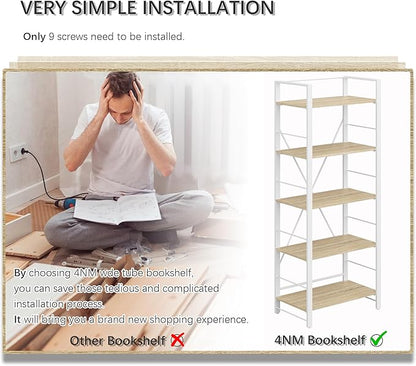 4NM Bookshelf Industrial Bookcase 5 Tier Home Office Adjustable Bookshelves Storage Shelves Organizer Vintage Book shelf Display Rack for Living Room, Bedroom,Home - Natural
