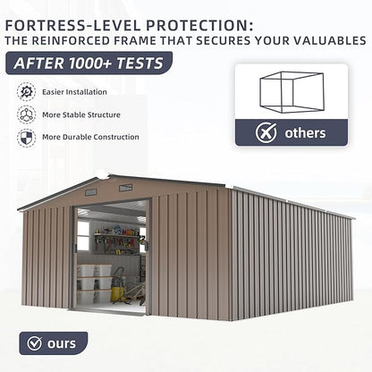 10×12 Ft Metal Shed Outdoor Storage with Two Daylight Windows, 0.25mm Galvanized Steel Metal Garden Shed Waterproof with Lockable Door for Backyard, Patio, Garden，Brown
