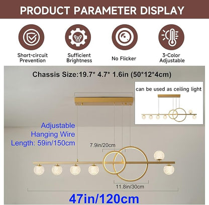 ORANOOR Modern Gold Chandeliers Pendant Light, 47in Dimmable LED Chandelier | Linear Gold Pendant Light for Kitchen Island Dining Room, 6 Globe Hanging Pendant Chandelier Lighting Fixture, 2 Rings 4200lm