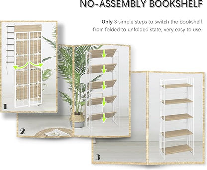 4NM No-Assembly 5 Tiers Folding Bookshelf Storage Shelves Vintage Bookcase Standing Racks Study Organizer Home Office - Natural and White