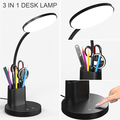 Desk Lamp, LED Desk Lamp for Home Office, Touch Table Lamp with 3 Color Modes 360° Adjustable Arm, Dimmable Desk Light with Pen Phone Holder, Black