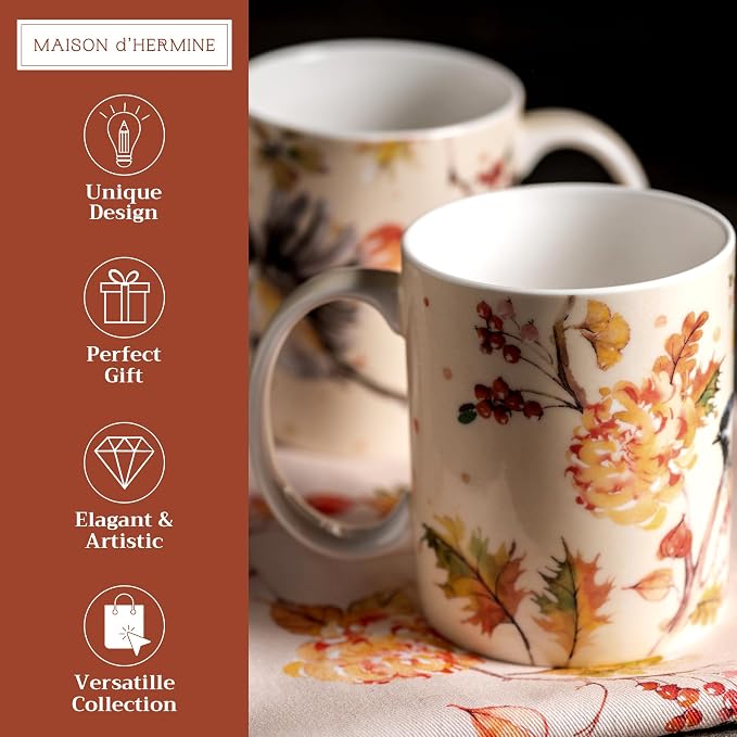 Maison d' Hermine Coffee Mug with Handles Tea Cups (12 Ounce, Pack of 2) | Fine Bone China Coffee Mugs for Hot Beverages Cappuccino Latte Home Restaurant Hotel Spring Summer -Kelim - Prairie