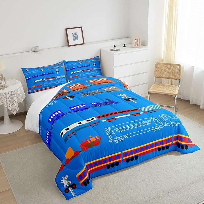 Erosebridal Train King Comforter Set for Boys,Cartoon Car Bedding Set for Kids Boys Girls Toddler,Vintage Car Down Comforter,Retro Steam Railway Rail Traffic Light Duvet Set Bedroom Decor,Blue 3Pcs