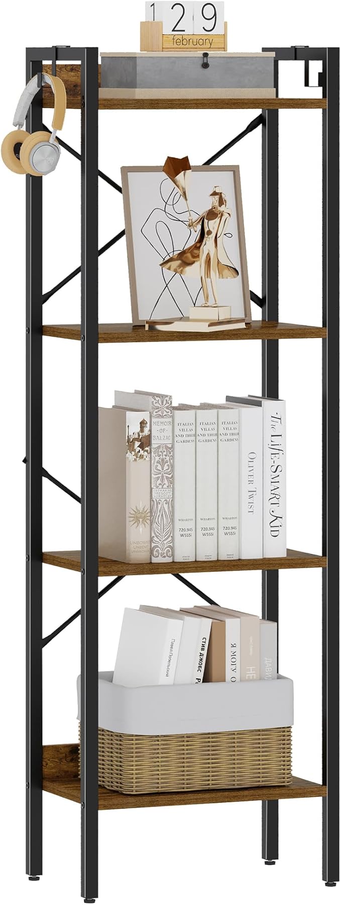 Bookshelf, Book Shelf, Industrial Bookcase with 2 Hooks, Coner Shelf Storage Organizer for Home Office, Living Room, Bedroom, Kitchen, 4-Tier Rustic Brown BC10401B