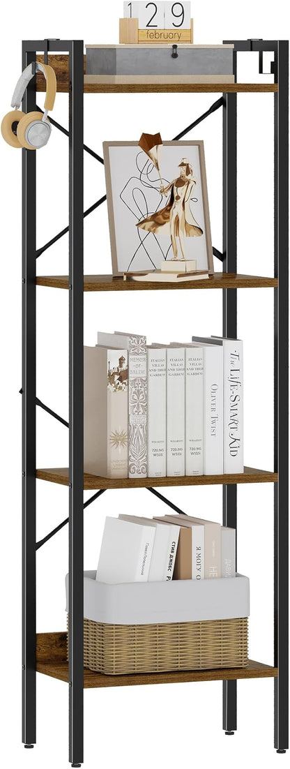 Bookshelf, Book Shelf, Industrial Bookcase with 2 Hooks, Coner Shelf Storage Organizer for Home Office, Living Room, Bedroom, Kitchen, 4-Tier Rustic Brown BC10401B