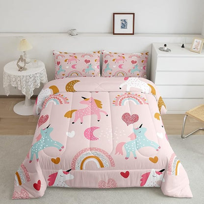 Feelyou Girls Unicorn Comforter Set Full Size Kids Cute Pink Rainbow Horse Decor Comforter for Unicorn Lover Daughter Bedding Set Boho Star Moon Duvet Set (1 Comforter + 2 Pillowcases, Full)