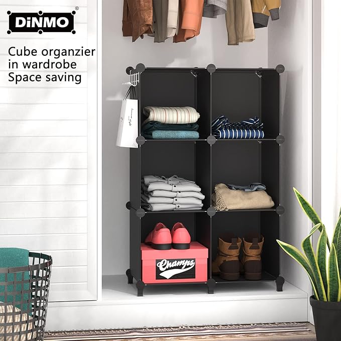 6 Cubes Storage Organizer, Bookcase, Display Shelf with Wooden Mallet, Cabinet Storage for Kids, Adult, Office, Bedroom, Bathroom, Black