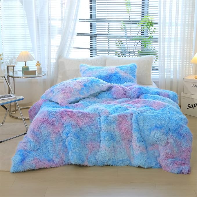 Faux Fur Kids Girls Blue Rainbow Comforter Sets Queen - 3PC Bed Set Warm Comfortable Soft Plush Flannel Velvet Fluffy Fuzzy Bedding（Comforter x 1 Pillowcases x 2）