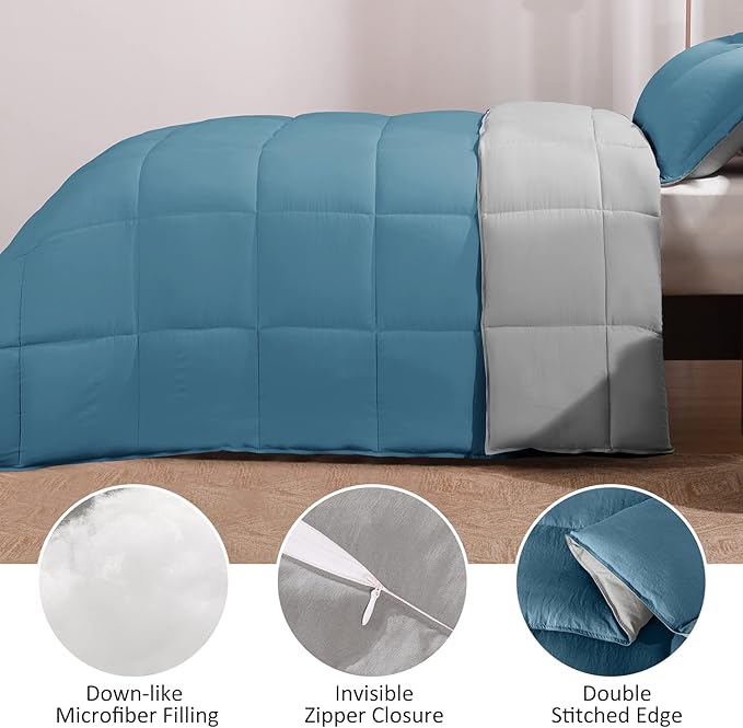 Basic Beyond King Size Comforter Set - Fluffy King Bed Comforter Set for All Seasons - Reversible Blue Comforter Set King - 3 Pieces (1 Comforter + 2 Pillow Shams) - Blue/Grey