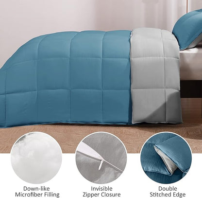 Basic Beyond King Size Comforter Set - Fluffy King Bed Comforter Set for All Seasons - Reversible Blue Comforter Set King - 3 Pieces (1 Comforter + 2 Pillow Shams) - Blue/Grey