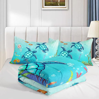 Turtle Comforter Set Queen Ocean Watercolor Sea Turtle Bedding Set Nautical Sea Animal Reptile Bed Set with 2 Pillowcases for Kids Room Decor