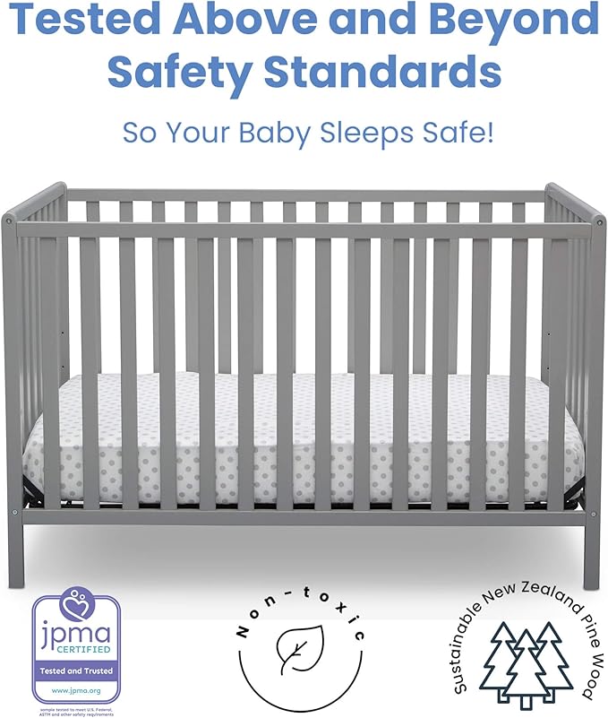 Delta Children Heartland 4-in-1 Convertible Crib Infant Changing Table with Pad + Serta Perfect Start Crib Mattress, Grey