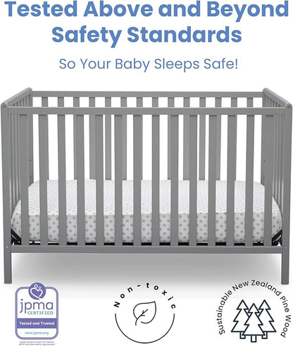 Delta Children Heartland 4-in-1 Convertible Crib, Grey + Delta Children Twinkle Galaxy Dual Sided Recycled Fiber Core Crib and Toddler Mattress (Bundle)