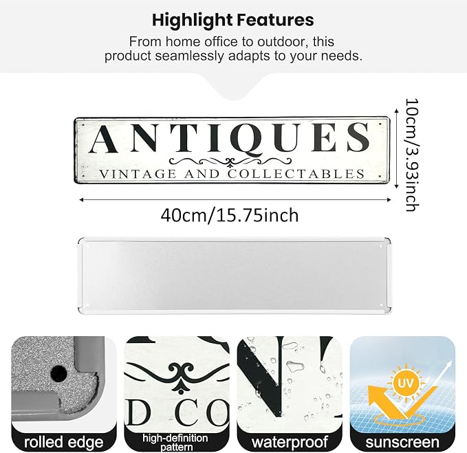 Antiques Store Sign Vintage Decor Rustic Wall Decor Retro Metal Sign 4×16 Inches For Home Cafe
