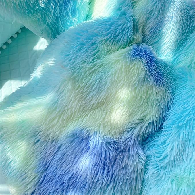 Faux Fur Kids Girls Green Rainbow Comforter Sets Queen - 3PC Bed Set Warm Comfortable Soft Plush Flannel Velvet Fluffy Fuzzy Bedding（Comforter x 1 Pillowcases x 2）