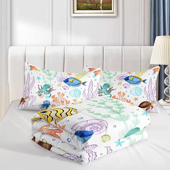 Turtle Comforter Set Twin Ocean Watercolor Sea Turtle Bedding Set Tropical Fish Marine Life Bed Set with 2 Pillowcases for Kids Room Decor