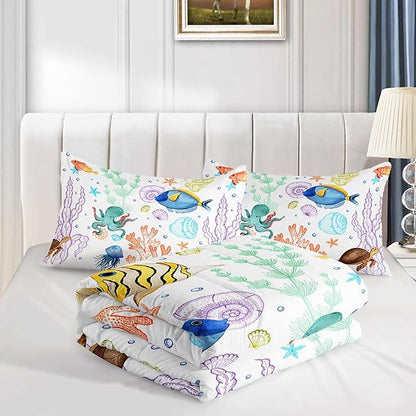 Turtle Comforter Set Twin Ocean Watercolor Sea Turtle Bedding Set Tropical Fish Marine Life Bed Set with 2 Pillowcases for Kids Room Decor