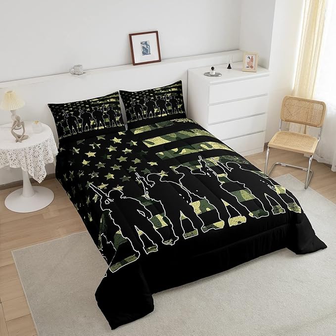 American Flag Comforter Set Full for Boy Teen ArmyGreen Camouflage Down Comforter Adult Men Soldier Silhouettes Quilted Duvet Military Style Camo Bedding Comforters, 1 Comforter Set + 2 Pillowcases
