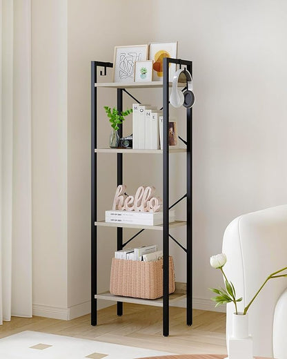 Bookshelf, Book Shelf, Industrial Bookcase with 2 Hooks, Coner Shelf Storage Organizer for Home Office, Living Room, Bedroom, Kitchen, 4-Tier Greige BC10405B