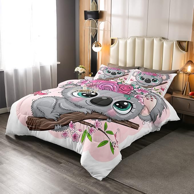 Erosebridal Cartoon Koala Comforter Set King Size, Cute Koala Bedding Set, Cherry Blossom Rose Quilted Duvet for Kids Baby Toddler, Nursery Quilt Set, Butterfly Branch Leaves Duvet Set