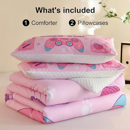 Video Game Queen Size Comforter Set for Girls Kids Teens 3D Gaming Controller Pattern Gamepad Print Bedding Set- 3 Piece Pink Quilt with 2 Pillowcases (90"x90")