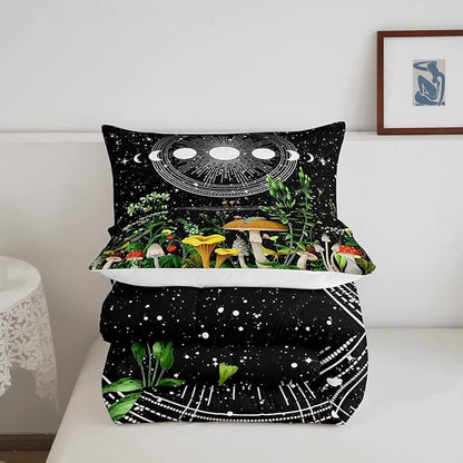 Cute Mushroom Comforter Set Sun Moon All Season Down Comforter for Kids Boys Girls Teens Trippy Decor Boho Galaxy Constellations Bedding Set Starry Sky Wild Flowers Quilt Room Decor King Size Boys