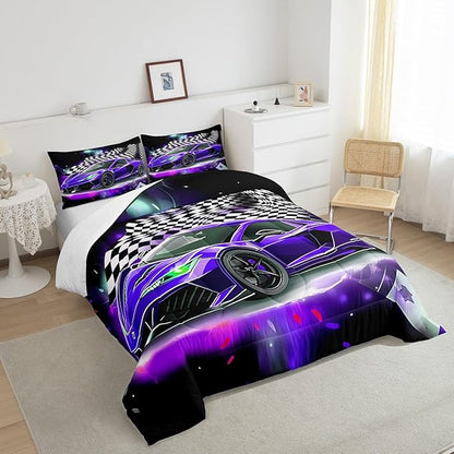 Purple Race Car Comforter Set Full Size, Black White Lattice Bedding Set 2pcs for Kids Boys Teens Room Decor,Extreme Sport Games Quilt Set,Cool Modern Duvet Insert with 2 Pillowcases