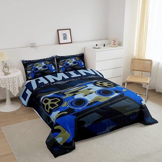 Boys Gamepad Comforter Set Full Size Teens Gamer Bedding Set Retro Blue Camouflage Video Game Controller Comforter for Kids Youth Bedroom Decor Gamer Console Action Buttons Duvet Set Microfiber