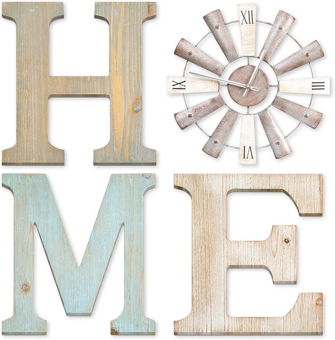 ZAZIWZ Farmhouse Home Signs with Windmill Clock Wall Decor Rustic Home Letters Wall Art for Living Room Kitchen Entryway Dining Room Bedroom (mix color)