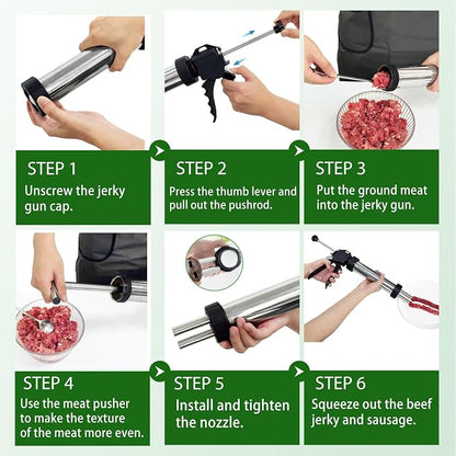 Professional Jerky Gun Kits, Sausage Maker, Stainless Steel Beef jerky gun for Ground Meat, Sausage Stuffer, Meat Gun with 5 Nozzles 5 Brushes 1 Meat Pusher & A Pair of Gloves, Kitchen Utensils Set