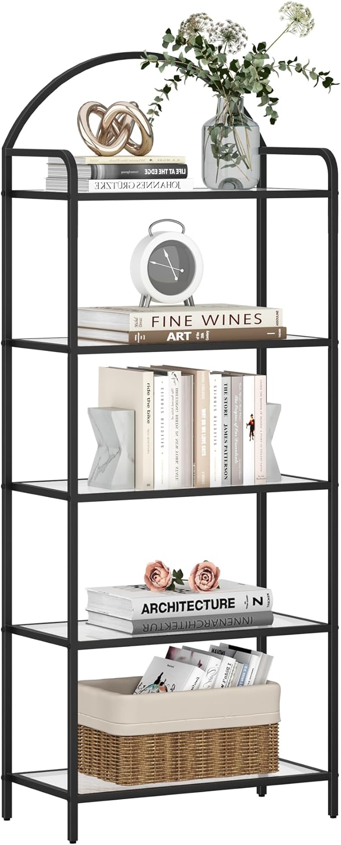 Bookcase Bookshelf, Tempered Glass Bookshelves, Slim Shelving Unit for Bedroom, Bathroom, Home Office, Steel Frame, 5 Tier Black BC21599B