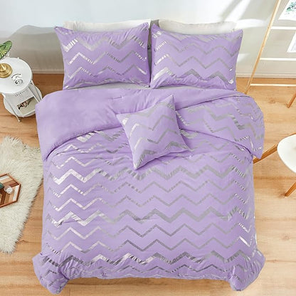 Purple/Silver Comforter Set Twin, Lavender Metallic Print Glitter Bedding Set Cute Shinny Lilac Bed Sets for Teen Girls Kids Women, 3 Piece (1 Pillowcase, 1 Decorative Pillow Sham)
