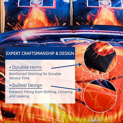 Btargot Basketball Fire Court Comforter Sets Full for Boys Teens,3D Sports Bedding,Soft Microfiber Reversible Quilt with 2 Matching Pillow Shams