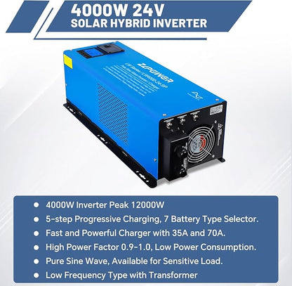 ZLPOWER 4000W 24V DC Pure Sine Wave Inverter, 12000W Peak, 120V/240V AC Split Phase Output with Battery Charger, LCD Display, Off-Grid Low Frequency Inverter for Home RV Camping (4000W)