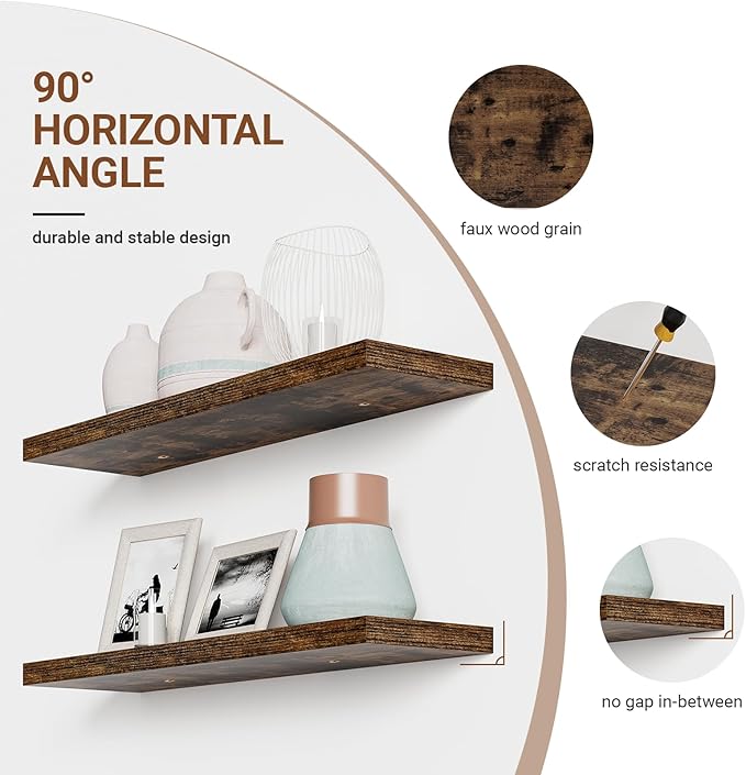 Heimlove 40 Inches Floating Shelves for Wall,9.3" Deep Rustic Brown Long Floating Shelves Set of 2,Large Display Shelf & Storage Shelf,Wall Shelf for Bathroom Bedroom Living Room Kitchen Office