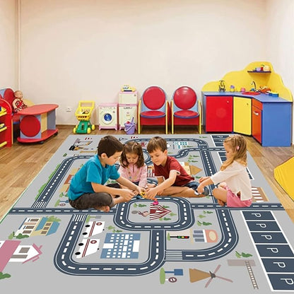 kid rug carpet playmat for toy cars and trains,road traffic kids play area rug,city Life town play Mat for Playroom Bedroom Boys,Children's Educational Fun Throw Rug with Rubber Backing 59X94IN