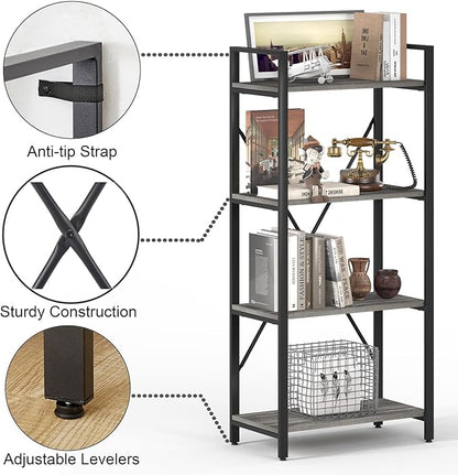 BON AUGURE Industrial 4 Tier Bookshelf, Modern Open Etagere Bookcase, Wood Metal Book Shelves for Living Room, Bedroom and Office (Dark Gray Oak)