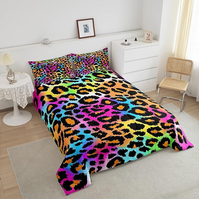 Leopard Print Comforter Set for Girls Kids Women Neon Rainbow Leopard Fur Bedding Set Mottled Exotic Panthera Skin Comforter Room Decor Colorful Camouflage Safari Theme Duvet Set Queen Size Quilt Set