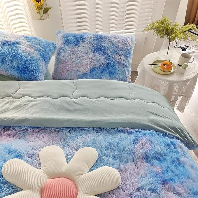 Faux Fur Kids Girls Blue Rainbow Comforter Sets Twin/Full - 3PC Bed Set Warm Comfortable Soft Plush Flannel Velvet Fluffy Fuzzy Bedding（Comforter x 1 Pillowcases x 2）