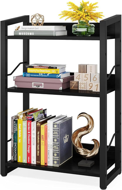 Book Shelf Small Bookshelf - 3-Tier Wood Bookcase Industrial Bookshelf Metal Narrow Bookshelves Storage Organizer Display Rack for Bedroom Living Room Home Office (Black)