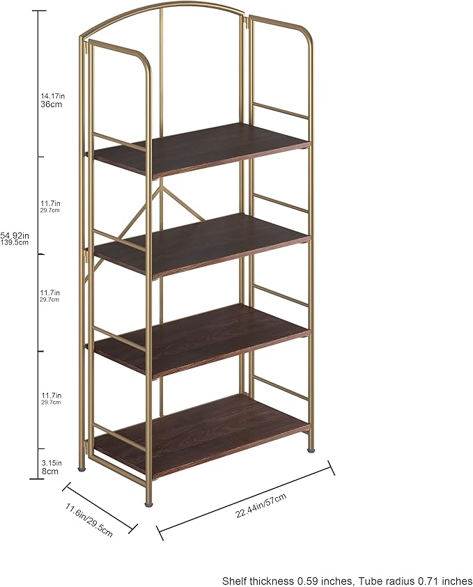 No Assembly Folding Bookshelf, Metal Book Shelf for Storage, Folding Bookcase for Office Organization and Storage (Brown and Gold, 4 Tiers)