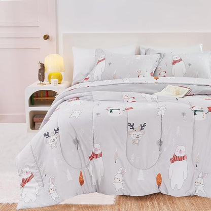 Kids Christmas Comforter Set Twin for Boys Girls, Cute Reversible Quilted Bear Snowmen Reindeer Bunny Printed Bedding Set with Pillow Sham, Lightweight Soft Breathable Washable Bed Set 2 Piece