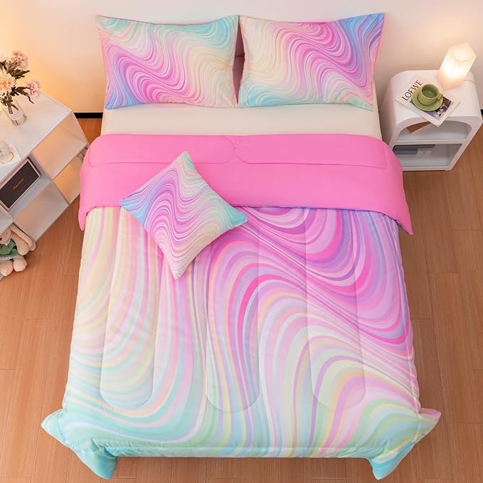4 Pcs Pink Full Comforter Set for Girls, Tie Dye Superior Kids Teen Bedding Sets, Blue Pink Rainbow Full Size Bedding Set for Girls