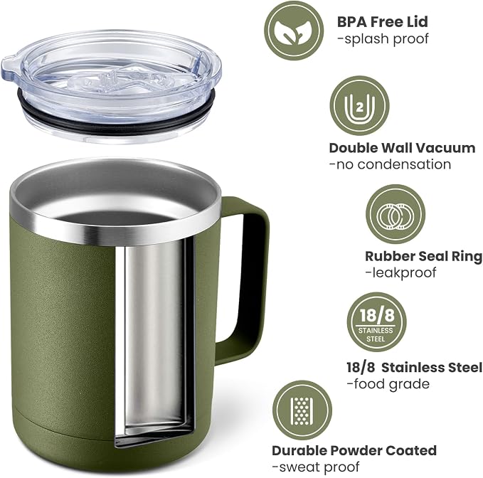 MEWAY 12oz Coffee Mug With Handle 4 Pack Bulk,Stainless Steel Insulated Travel Tumblers With Sliding Lid,Double Wall Vacuum Camping Cup for Hot & Cold Drinks Tea (Army Green,Set of 4)